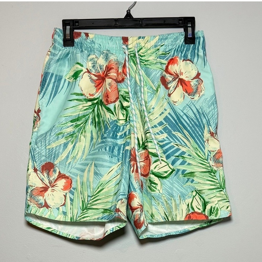 St Johns Bay Mens Small Tropical Floral Swim Trunks Teal Blue Hibiscus Palm